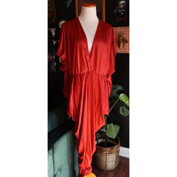 Vintage Fantasy Lingerie 80s Deep V Red Jumpsuit One Piece Nylon Long Sleeve